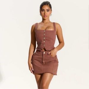 Naked Wardrobe Denim Lace Up Corset and Distressed Denim Mini Skirt in Chocolate